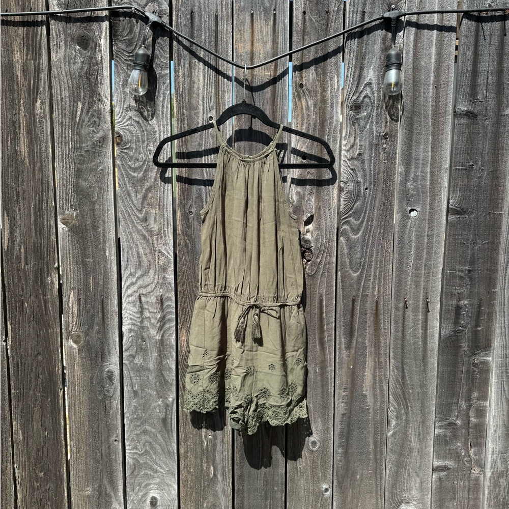 CLEARANCE 3/$15 Olive Green High Neck Romper with Floral Cutouts size XS